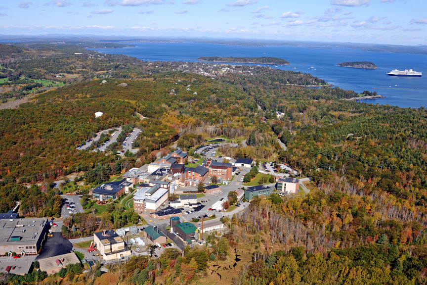 Arial view of Bar Harbor Campus along the coast of Mount Desert Island