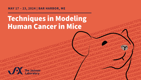 Orange background with a drawn mouse and the course title: Techniques in Modeling human cancer in mice and dates: May 17-23, 2024