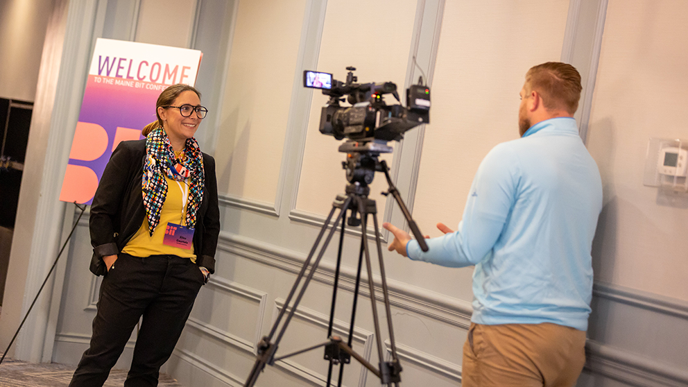 Elise Courtois is interviewed during the Maine BIT Conference 2023. Photo credit: Tiffany Laufer