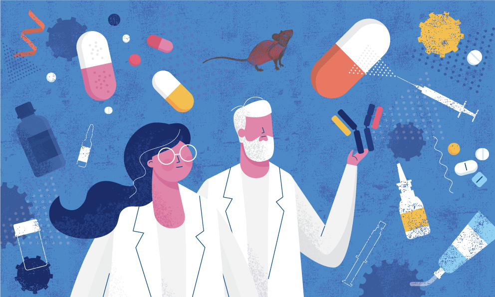 An abstract illustration depicting two research scientists surrounded by tools of their trade.