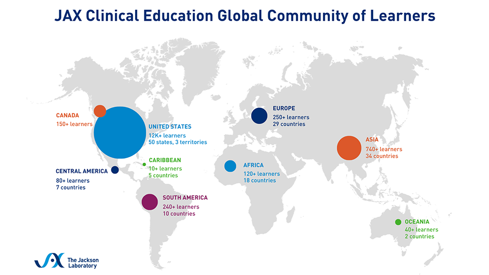 A heat map showing where learners in the Jackson Laboratory Clinical Education global community live.