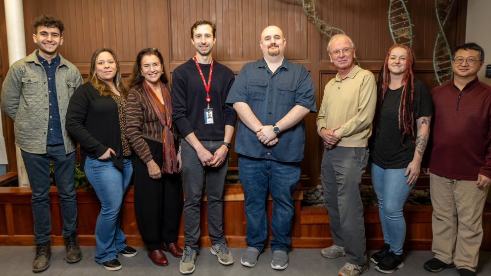 The Serreze and Rosenthal lab groups, featuring (third from left, going l to r) Nadia Rosenthal, John Bachman, Jeremy Racine, and David Serreze. Photo credit: Tiffany Laufer.