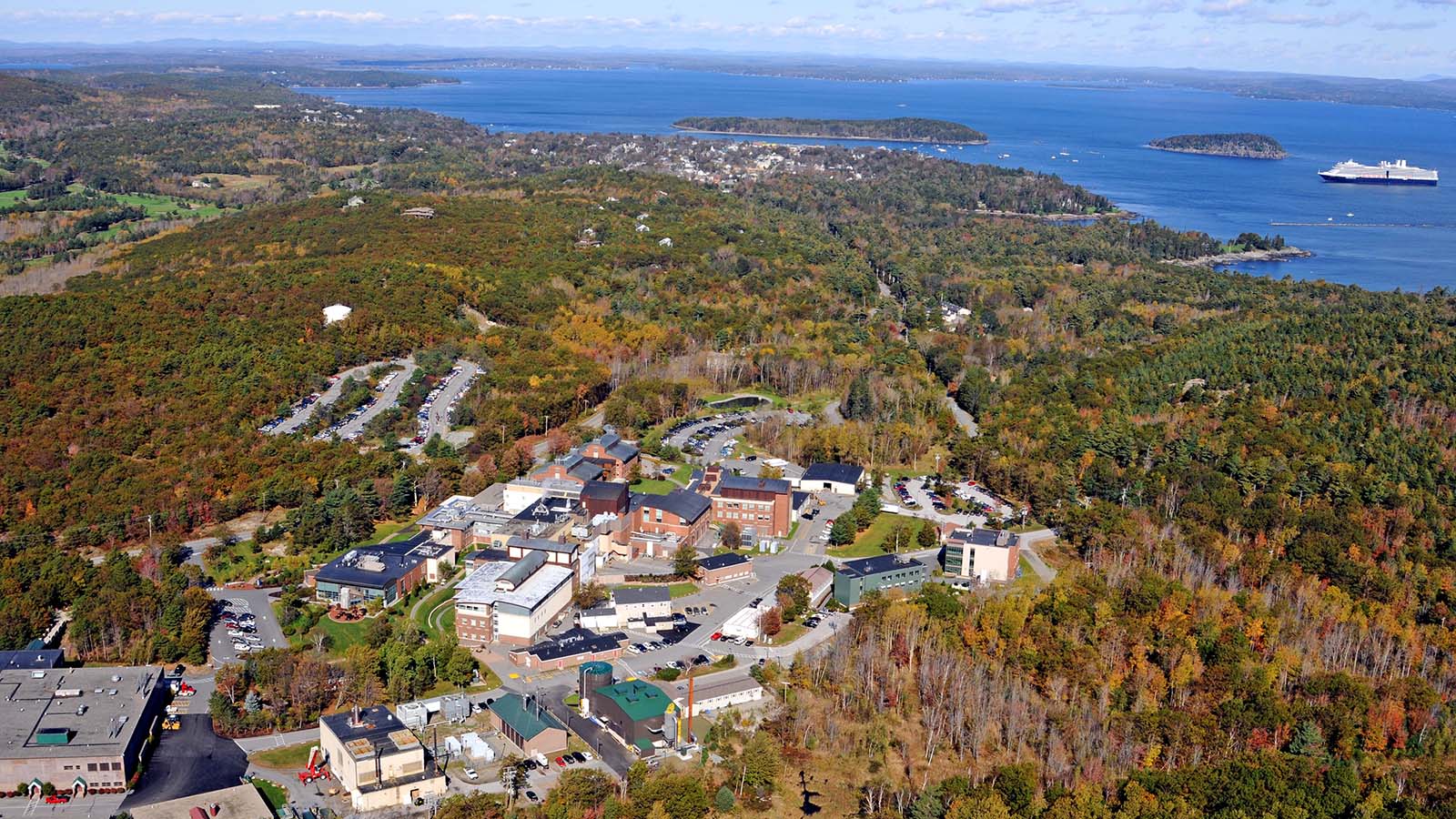 An aerial photo of The Jackson Laboratory campus in Bar Harbor, Maine taken in 2011