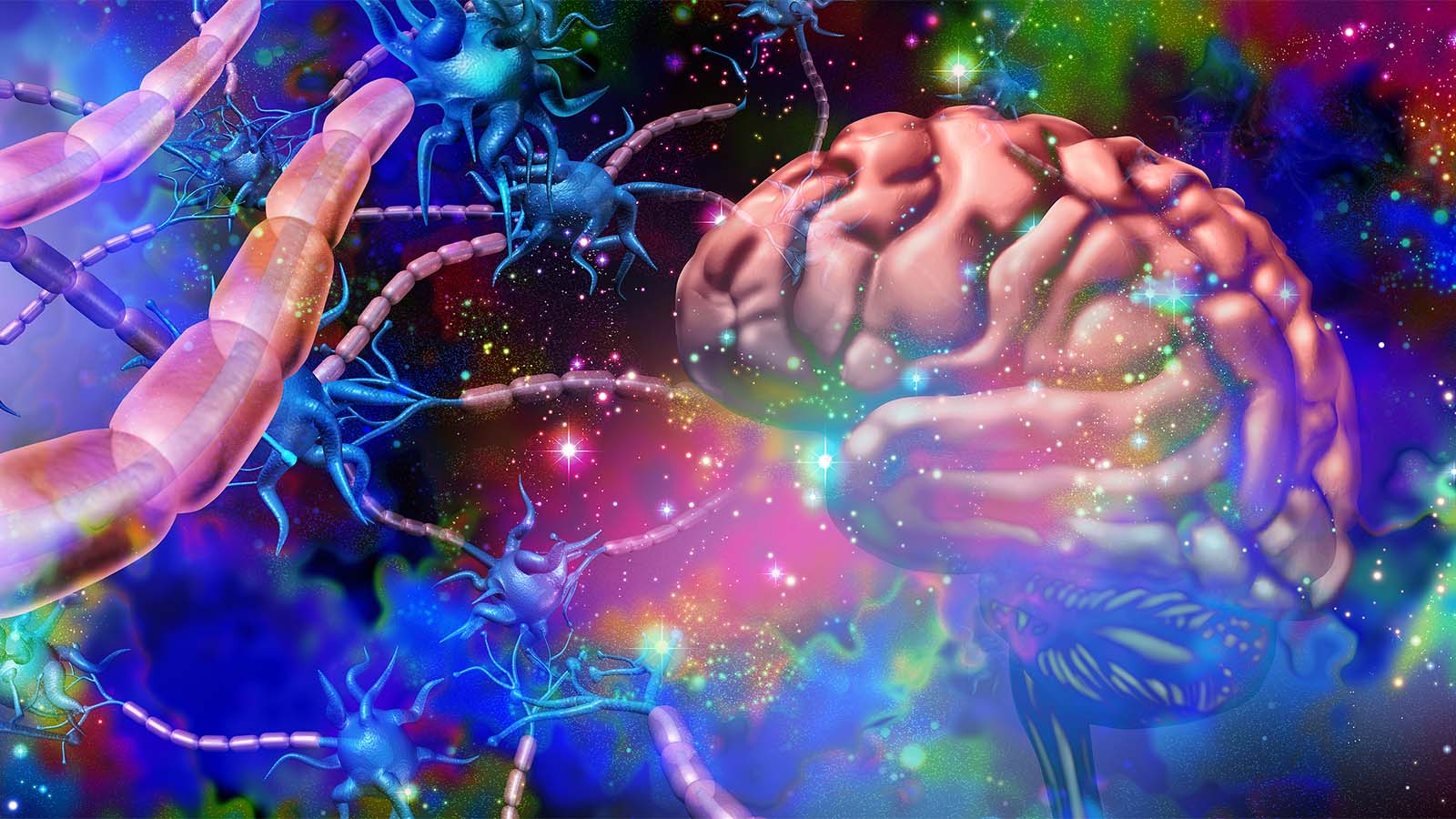 An image of brain and neurons abstractly rendered in very vibrant colors