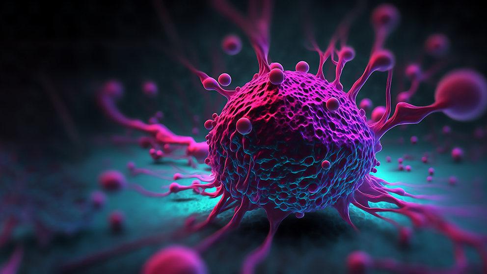 A computer rendering of a cancer cell in pink and purple color.