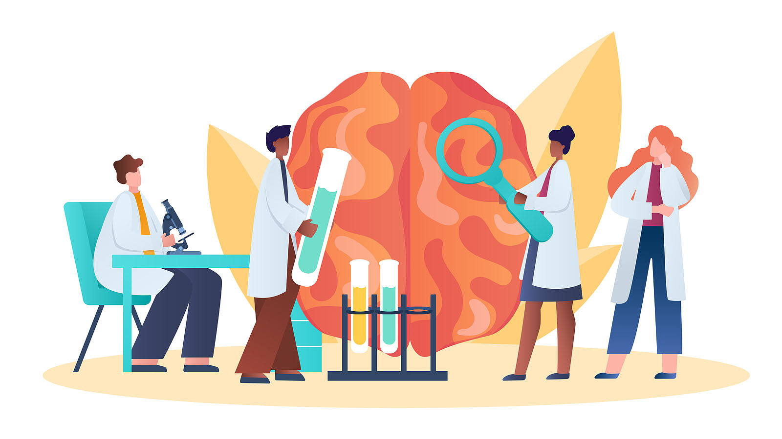 An illustration depicting scientists investigating a large, orange brain