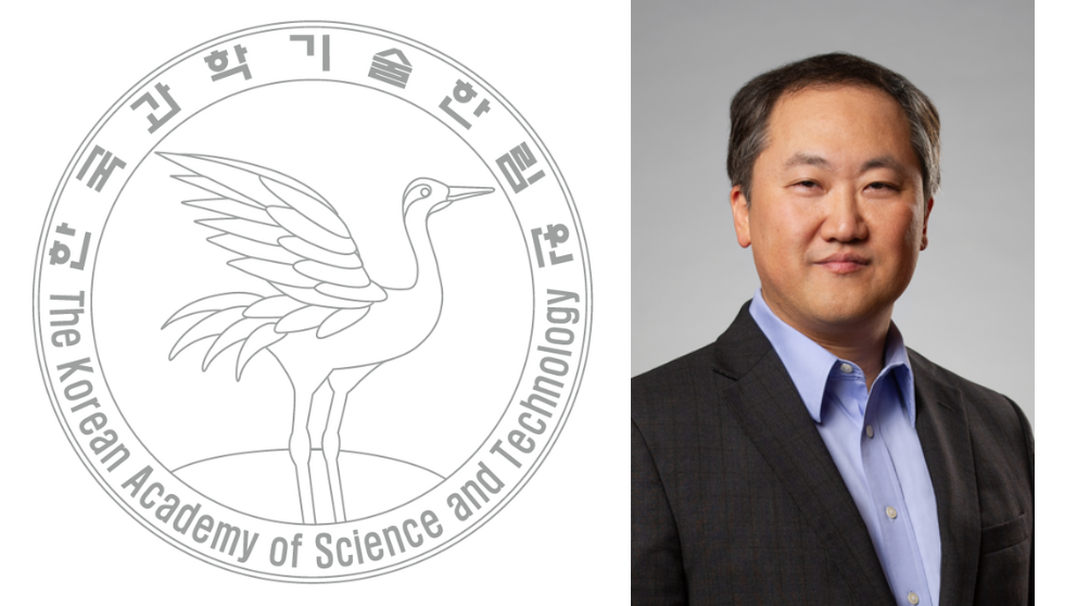 A headshot of The Jackson Laboratory's Charles Lee next to the logo for the Korean Academy of Science and Technology