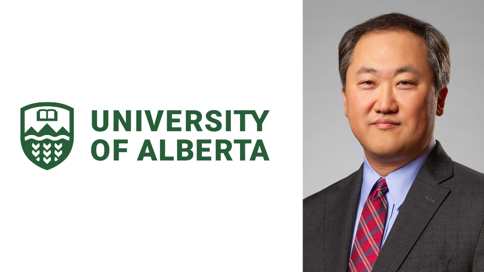 A portrait of the Jackson Laboratory's Charles Lee next to a picture of the University of Alberta logo.