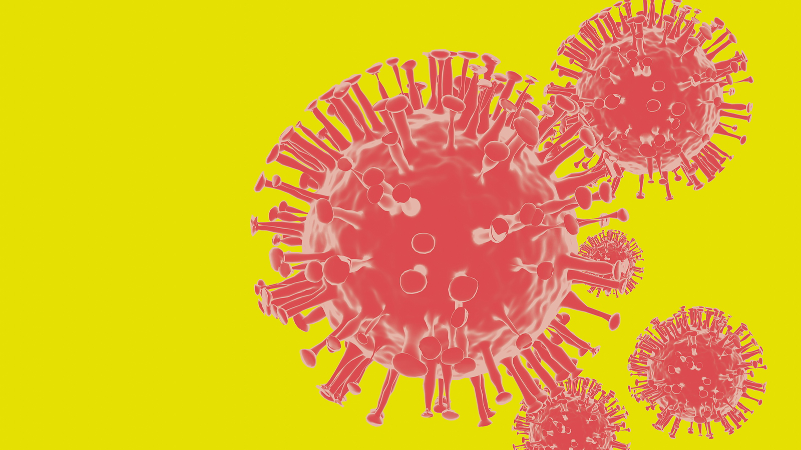 A rendering of a coronavirus molecule on a high contrast yellow background.