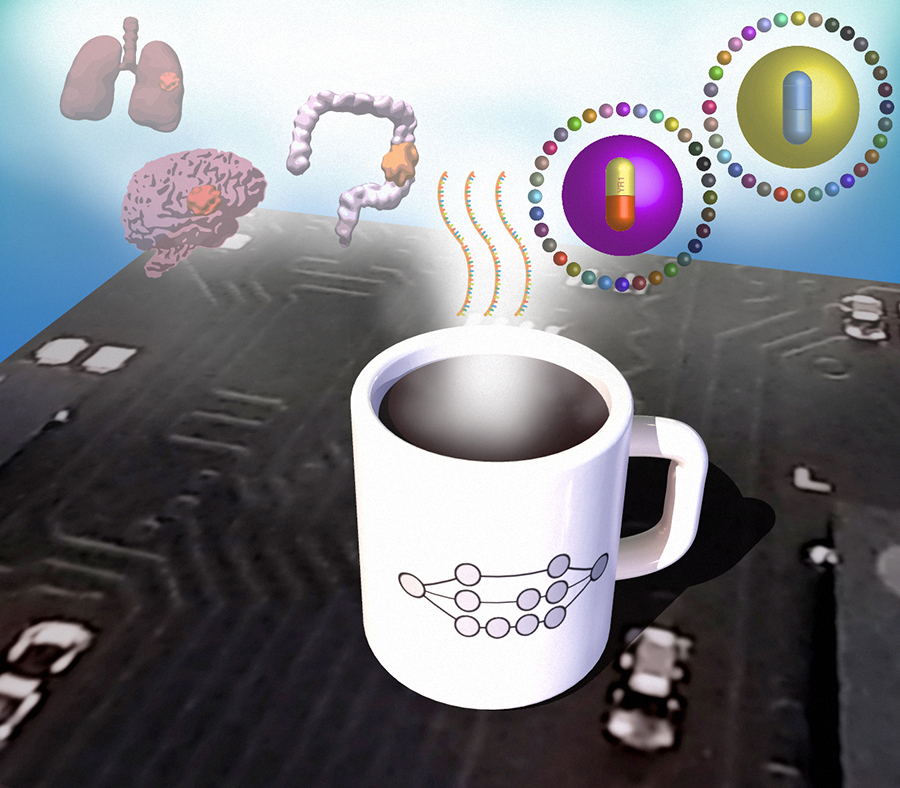Steaming cup in front of genetic cancer images