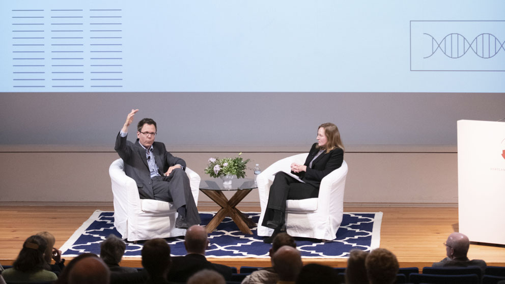 Jens Rueter, Medical Director of the Maine Cancer Genomics Initiative, and Madeleine Braun, Chief of Presidential Initiatives at JAX, discuss the future of cancer care during the first 2019 JAXtaposition event at the Portland Museum of Art. Photo by Brian Fitzgerald