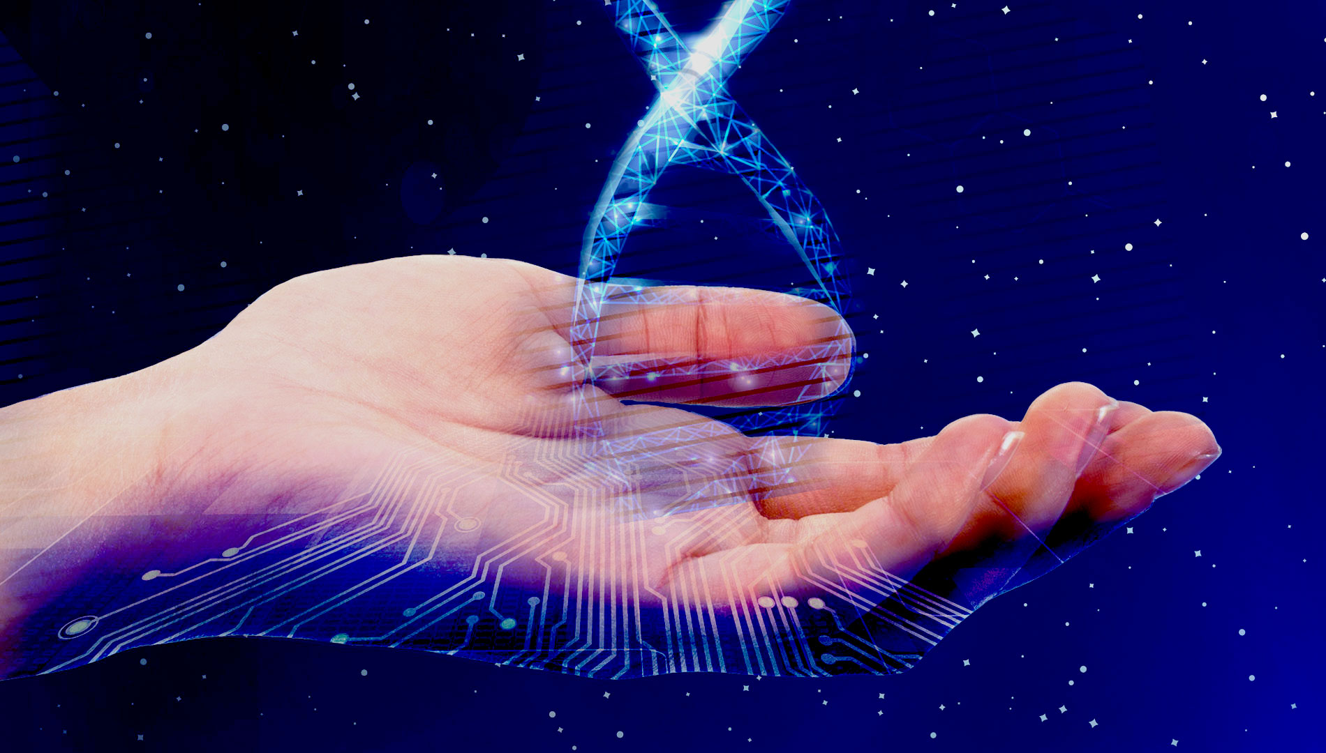 A rendering of a hand holding a strand of DNA, symbolic of long read genetic sequencing