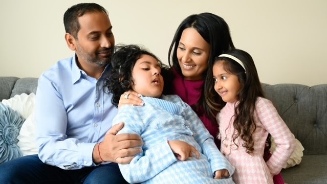 The Panwala family (l to r Anil, Leena, Ariya and Alaya) has partnered with JAX to find a cure for their daughter's rare disease.
