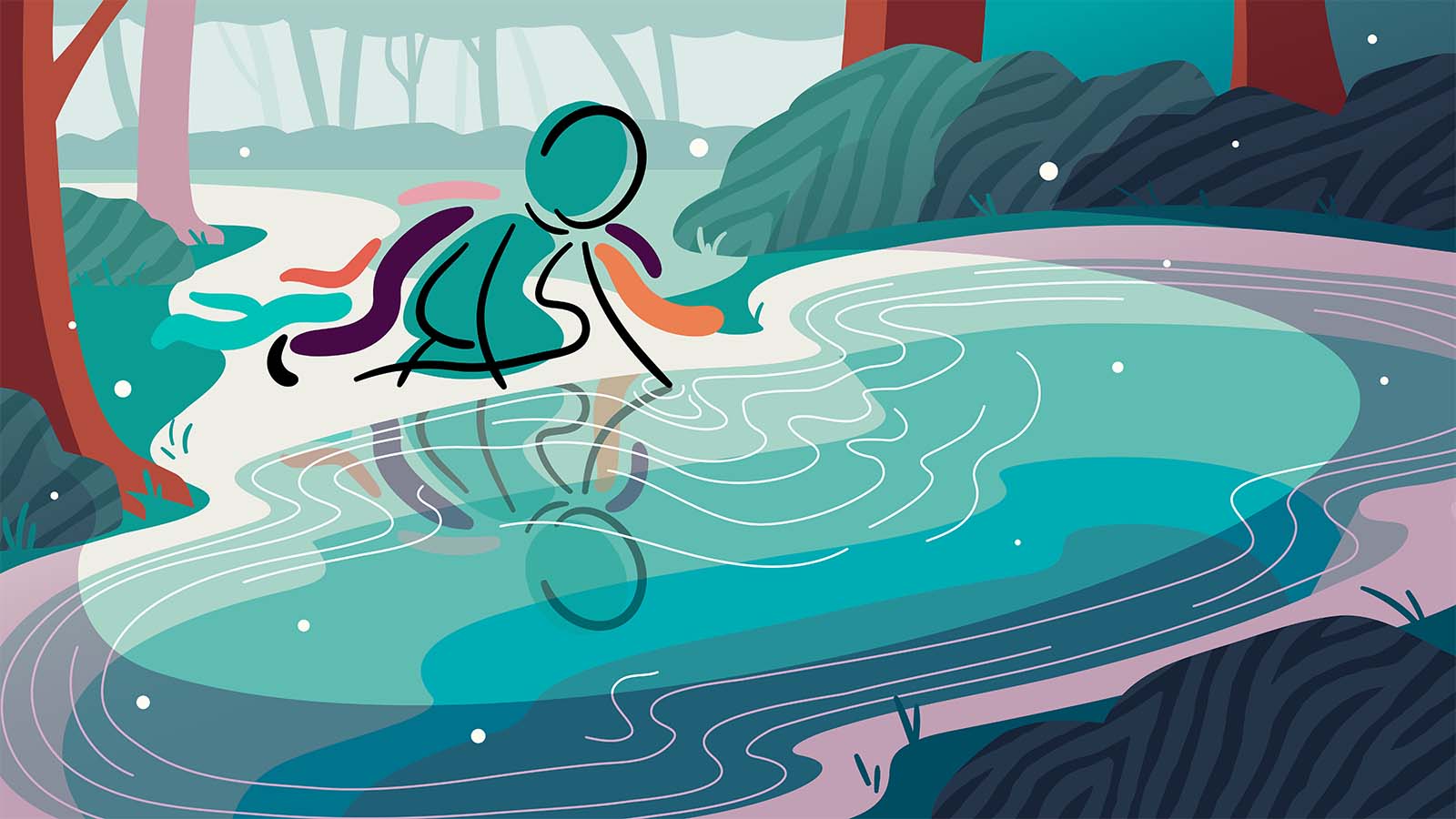 A figure looking into a pond, symbolizing the rare disease odyssey.