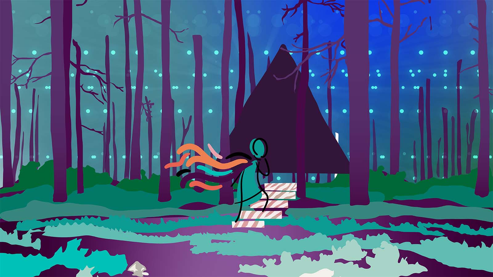 A figure entering a wooded cabin, symbolizing the rare disease odyssey.