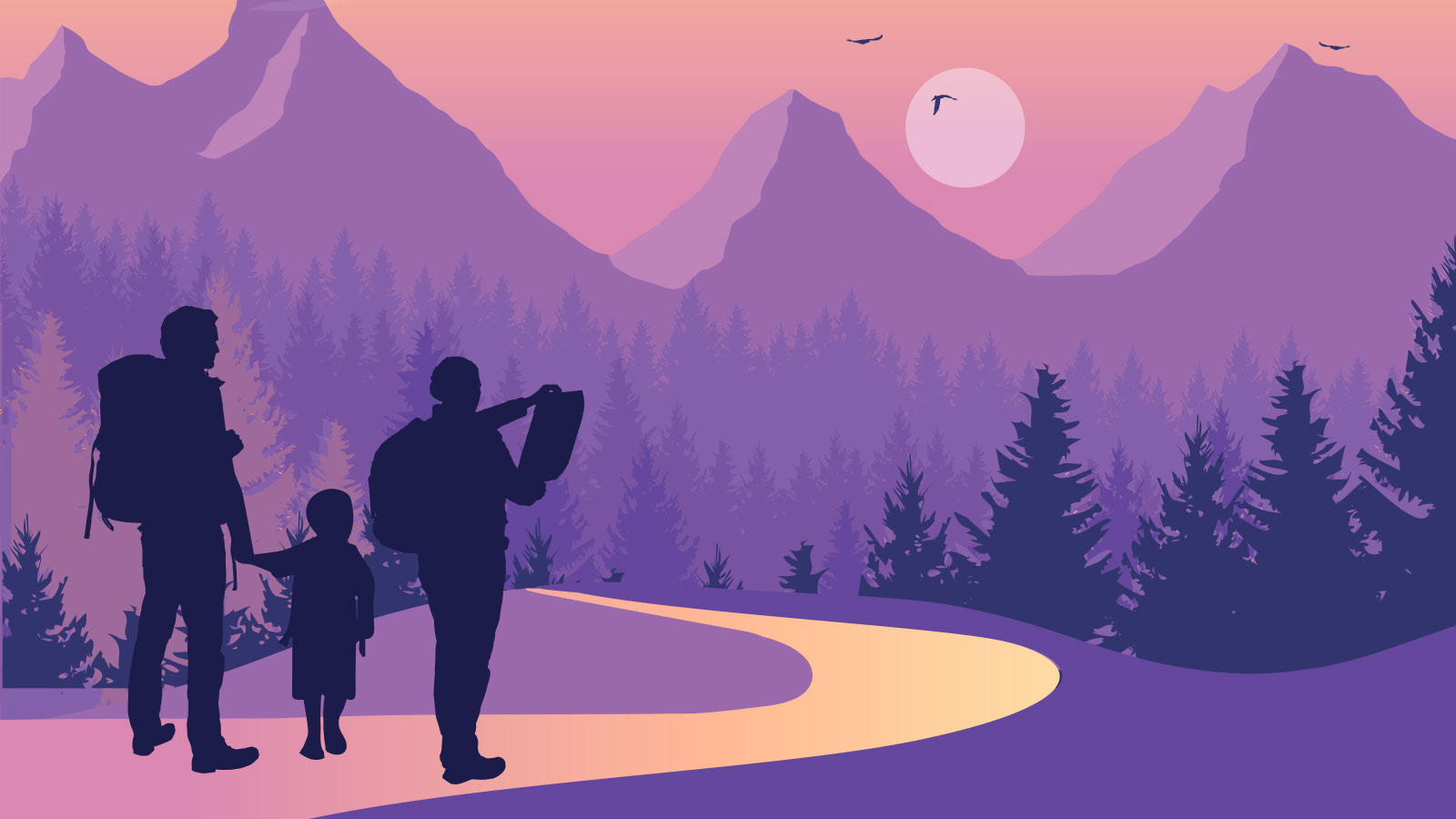 A family silhouetted on an artistic rendition of a mountainous landscape 