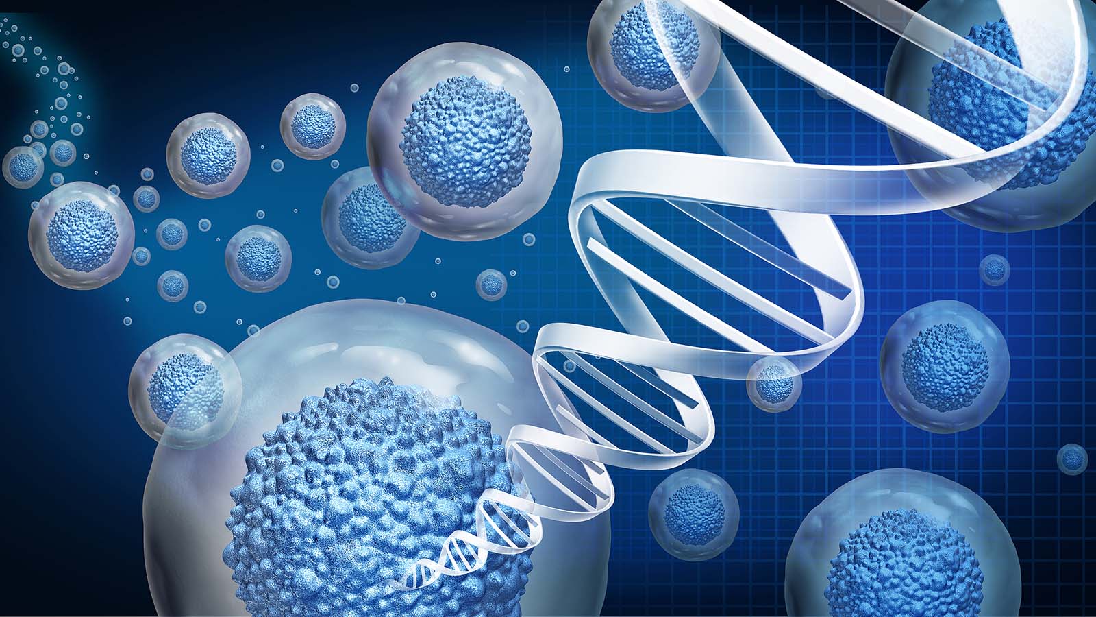 A rendering of DNA entering a cell, representing regenerative medicine