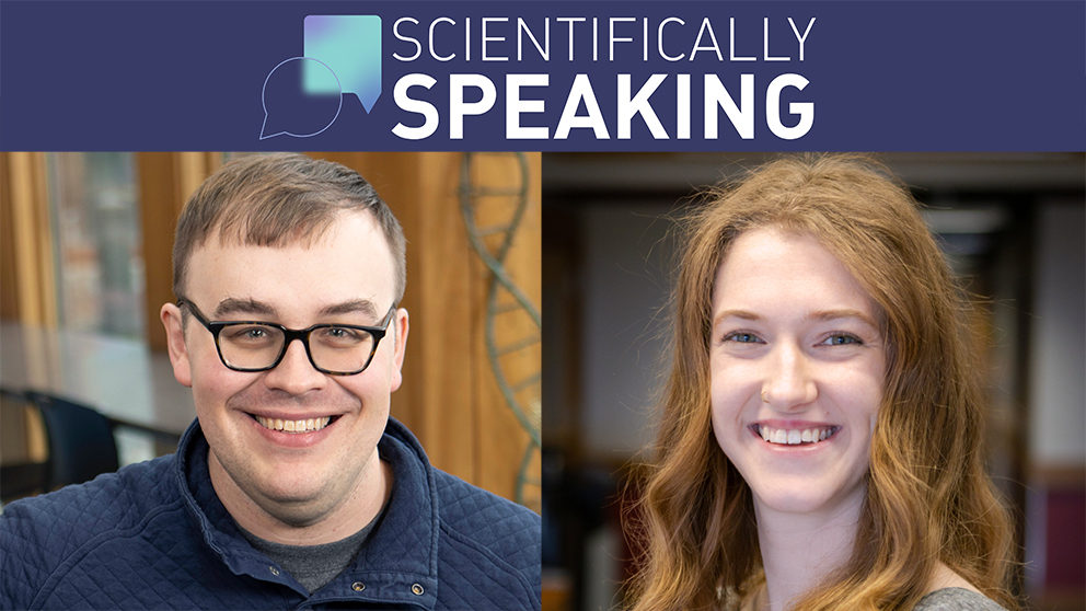 A thumbnail image feature The Jackson Laboratory's Ashley Gardner and Michael Maclean, promoting the 2024 Scientifically Speaking series.