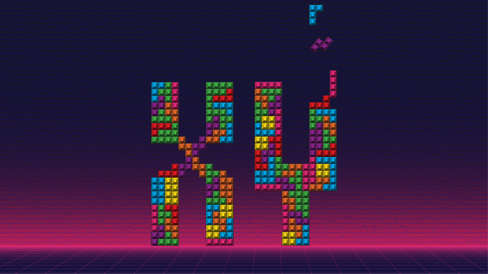 Falling colored blocks into an "X" and "Y" pattern, representing genetic sequencing.