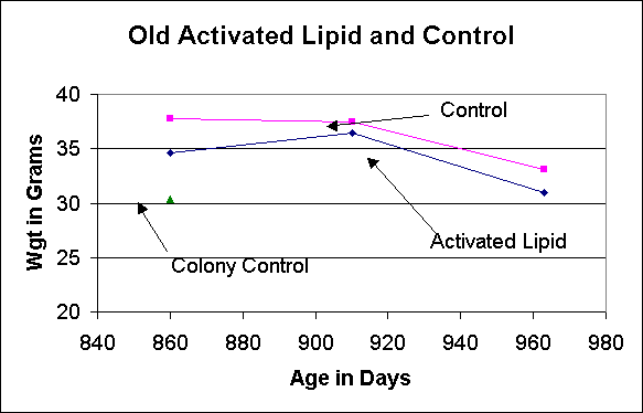 Figure VI.8. Old mice (860 to 963 days): weight comparisons among lipid fed, control, and colony control mice.