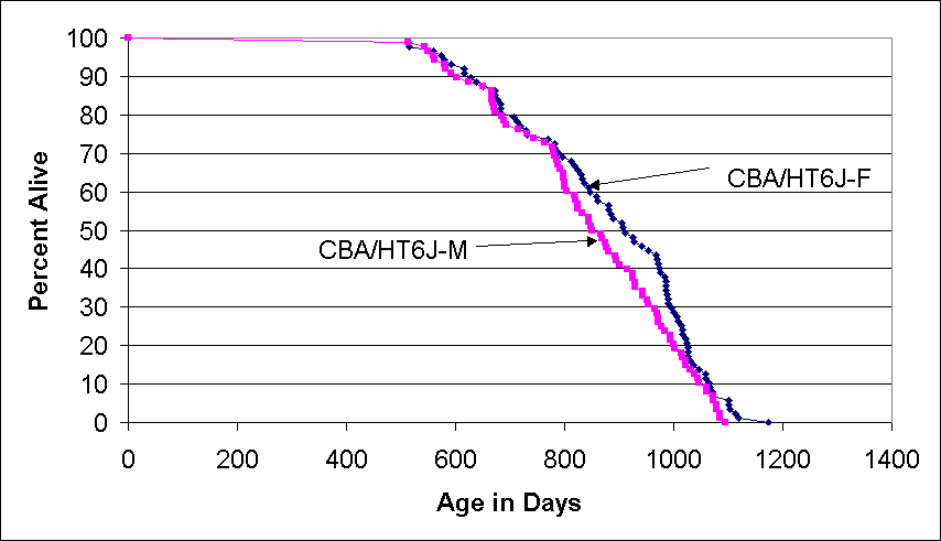 Life spans of CBA/CaH-T(14;15)6Ca/J males and females